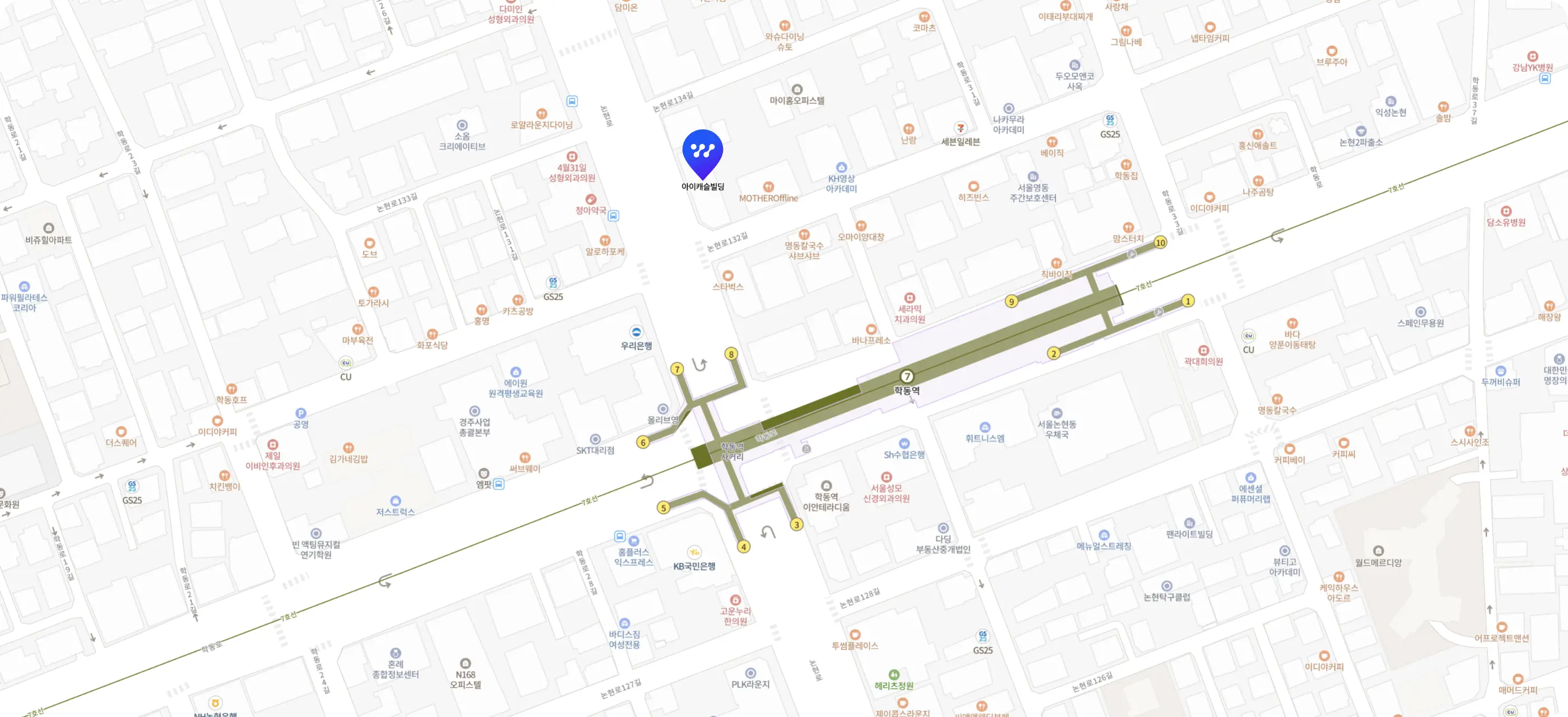 INNERWAVE location — 5F, iCastle Bldg, 706 Nonhyeon-ro, Gangnam-gu, Seoul (Hakdong Stn Exit 8)